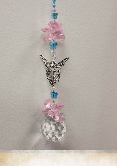 Fairy Queen with Aqua Butterflies and Pink Crystals Suncatcher